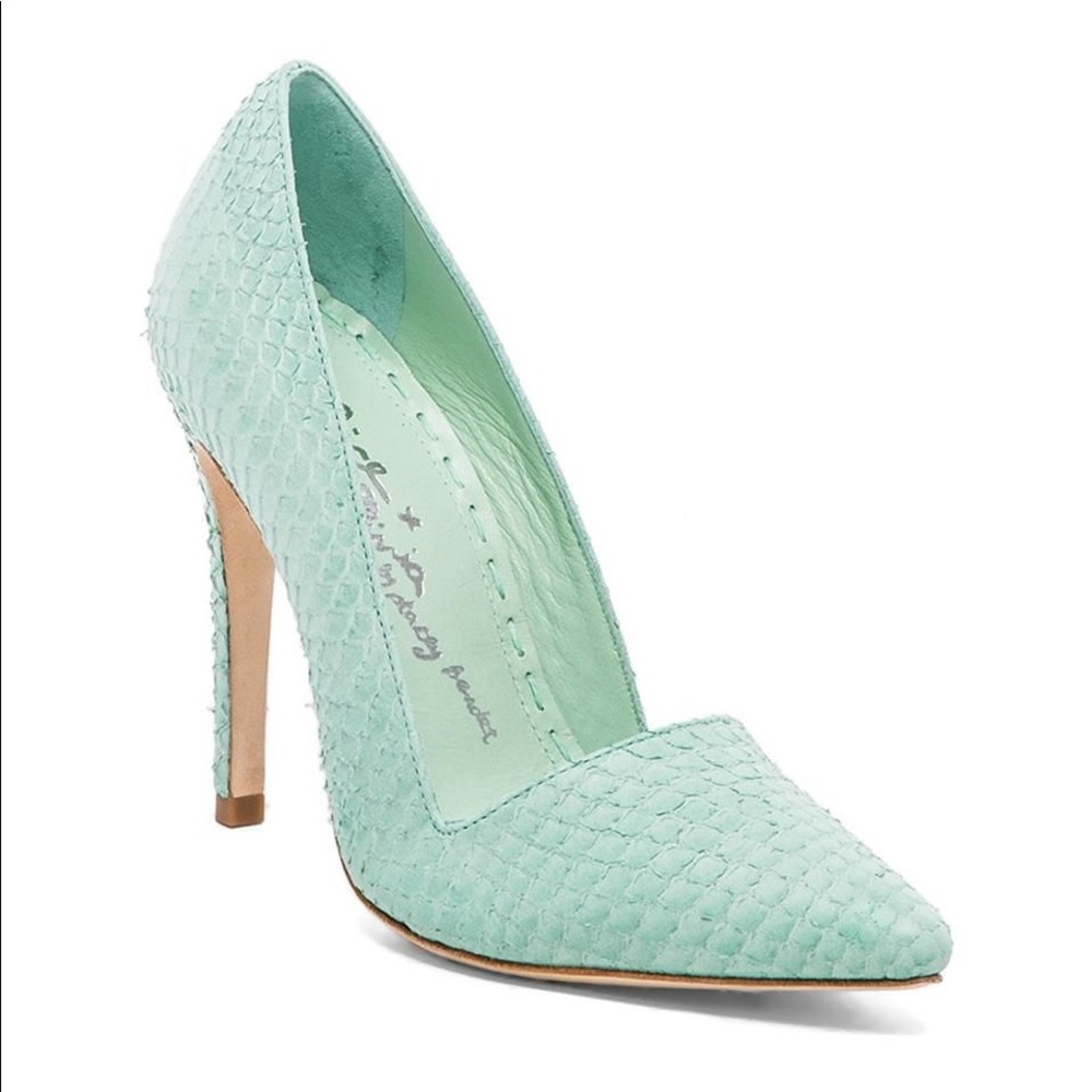 Alice + Olivia Dina Turquoise Snakeskin Heels